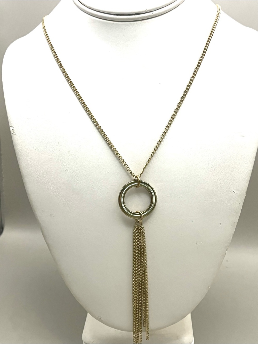 Gold Tone Circle Tassel Necklace Long Chain Fringe Pendant Ring Lariat Boho